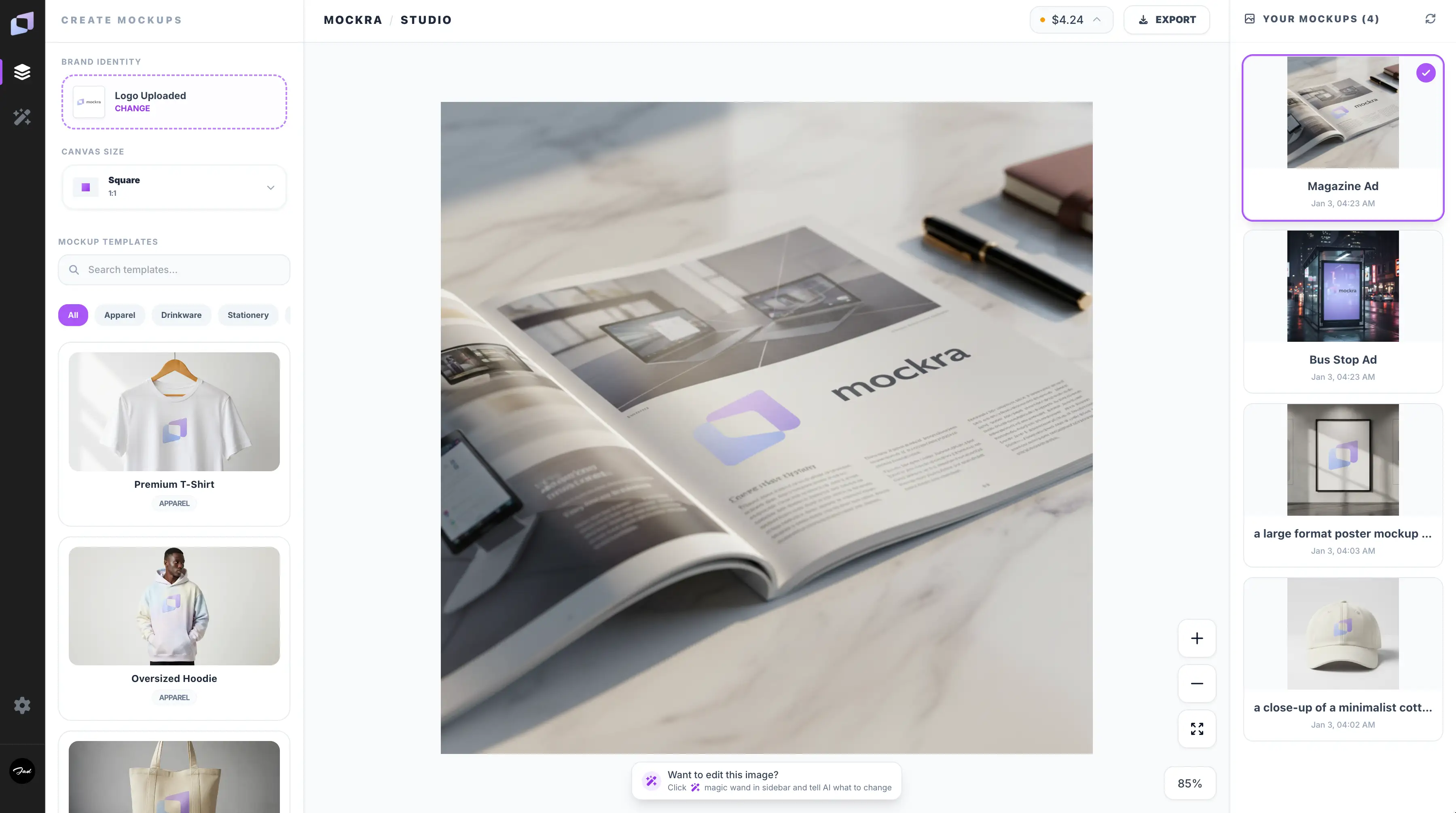 Mockra AI-powered mockup generator interface showing professional brand visualization tools with 30+ templates for logos, business cards, and product mockups